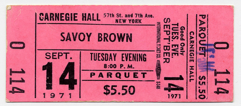 Carnegie Hall ticket for Savoy Brown concert, September 14, 1971